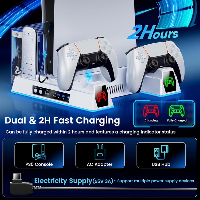 KICKDOT PS5 Pro/Slim/PS5 Stand and Cooling Station with Controller Charging Dock for Playstation 5 Disc Digital, PS5 Accessories Kit Incl. 3 Levels 2.36in Cooling Fan, 11 Game Slot, USB, LED, Headset Holder - Image 3